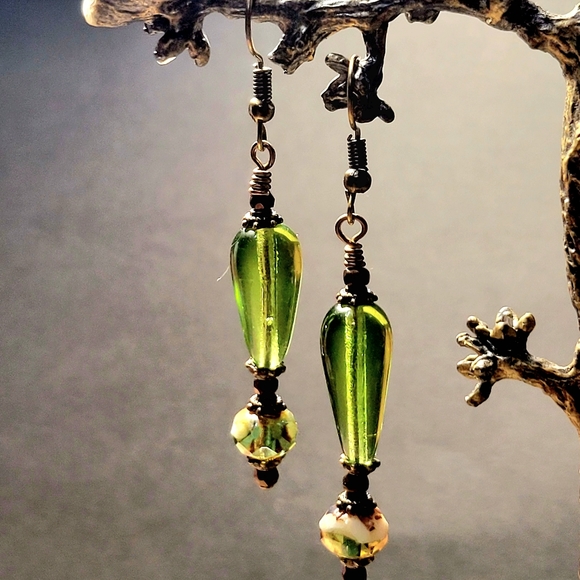 Boho Moss Green handcrafted drop Earrings - Picture 6 of 11
